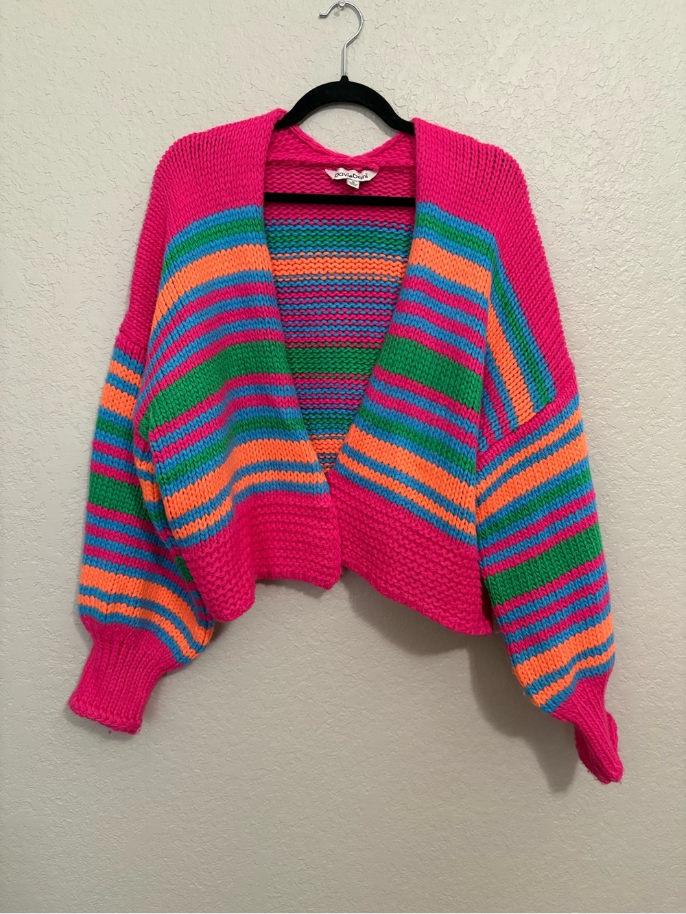 Davi & Dani Women’s M Hot Pink Multicolor Striped Chunky Knit Cardigan